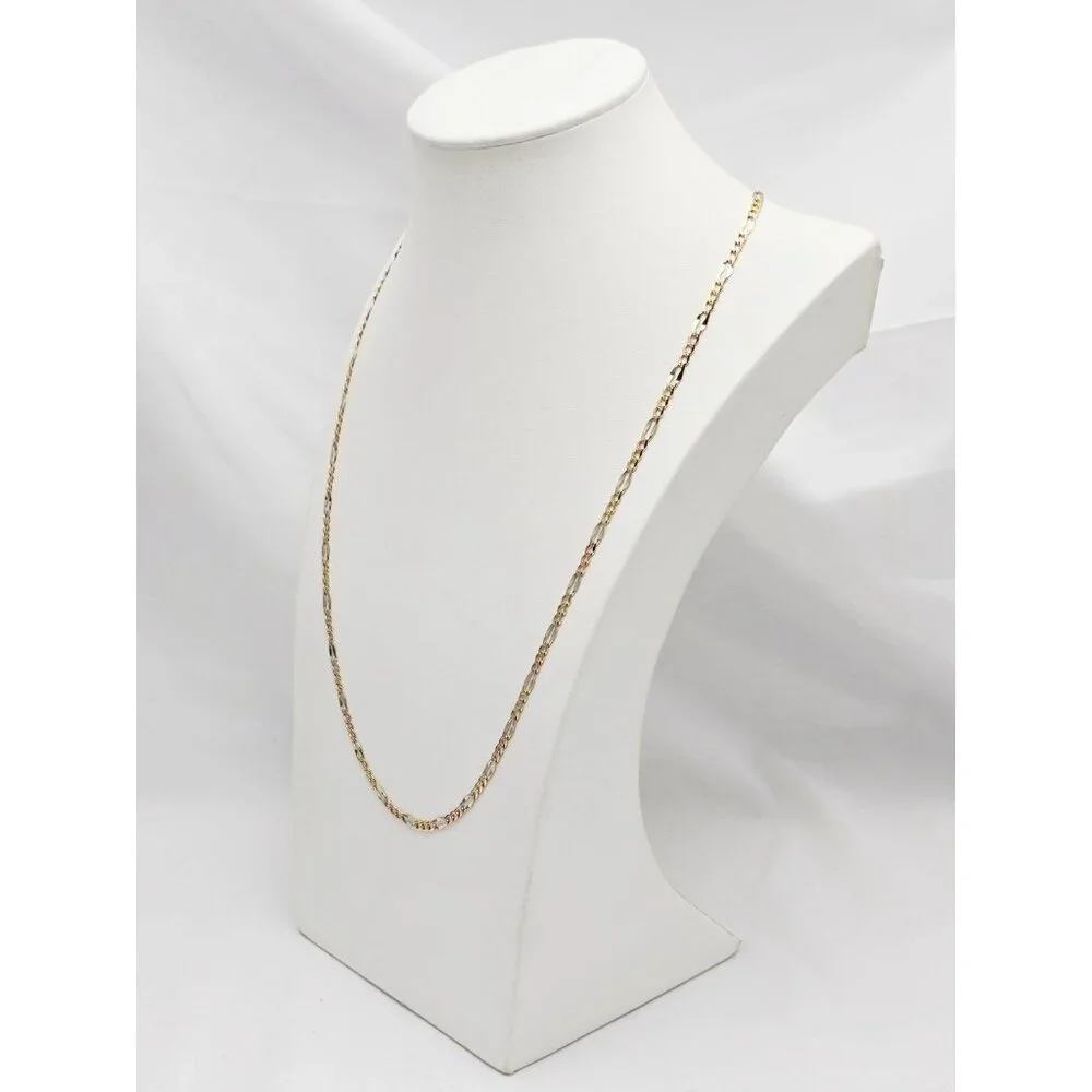 14K Two Tone Multi Color Gold Diamond Cut Figaro Link Chain Necklace - 24.25